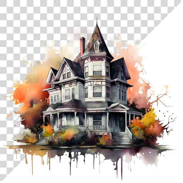 PSD acuarela bonito clipart halloween casa embrujada en el fondo transparente