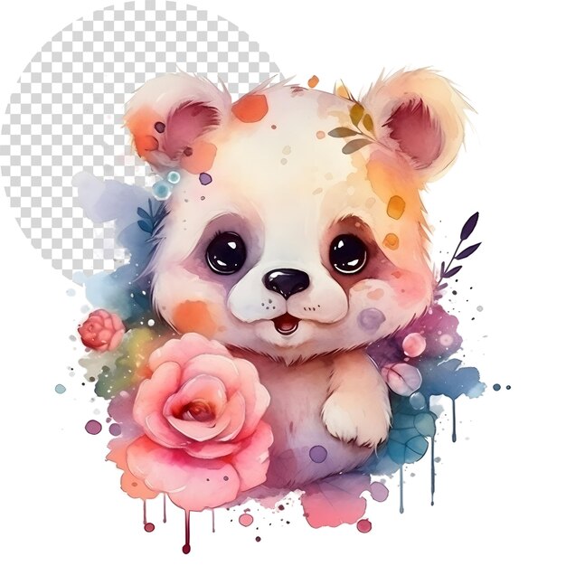 PSD acuarela bonito oso clipart con flores en un fondo transparente