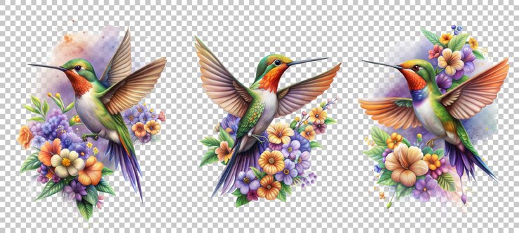 PSD acuarela colibri floral aislado sobre un fondo blanco