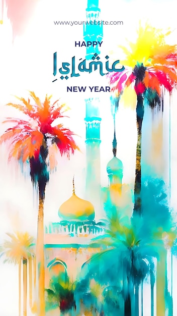 PSD acuarela expresiva hermosa ilustración de mezquita para celebrar el año nuevo islámico