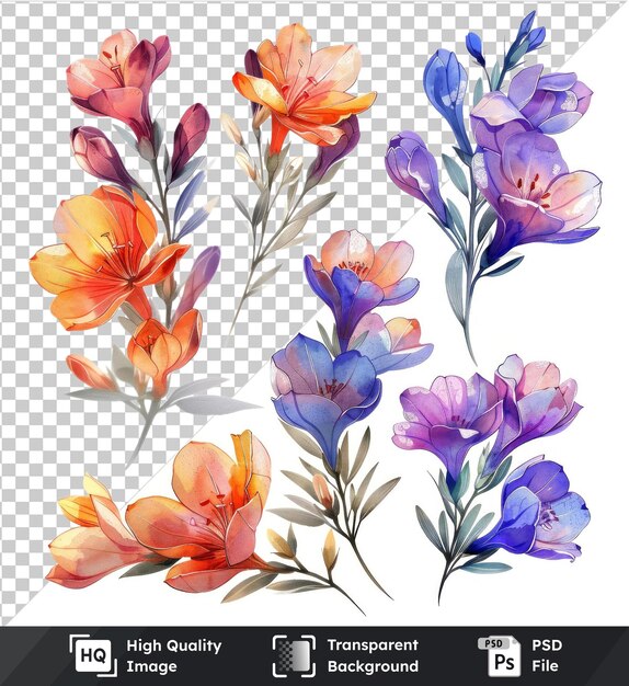 PSD acuarela freesia flores clipart y hojas elementos florales pinturas acuarelas