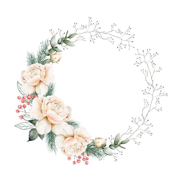 Acuarela y gráfico Corona navideña de flores, ramas de coníferas, eucalipto y bayas, Perfecto para tarjetas, saludos, embalaje, decoración de regalos, diseño, impresión, Ilustraciones pintadas a mano