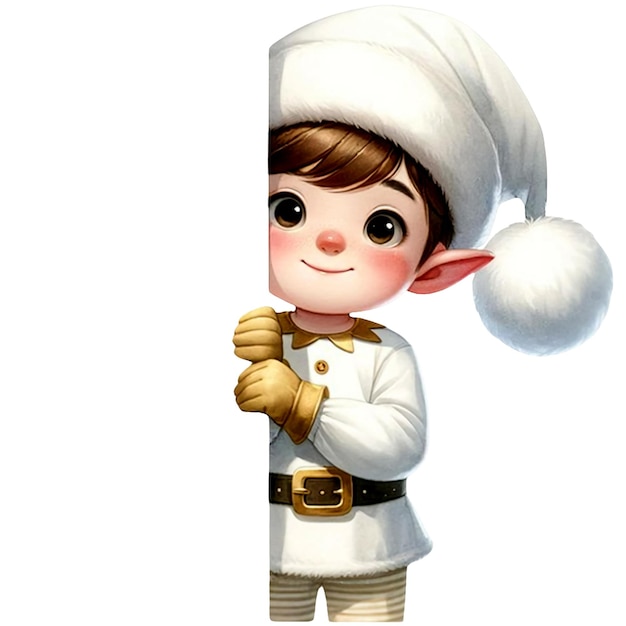 PSD acuarela linda blanca y dorada mirando al niño elfo de navidad