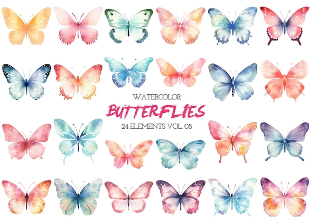 Acuarela pintada mariposas clipart elementos de diseño dibujados a mano aislados sobre fondo blanco