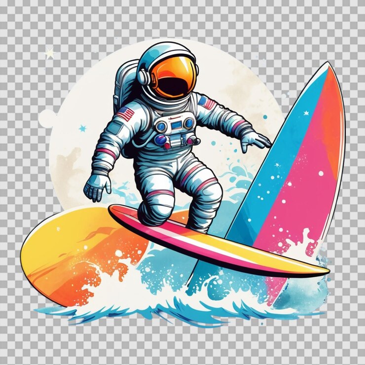 PSD acuarela playa de verano ilustración de dibujos animados vectorial astronauta camiseta de surf fondo transparente
