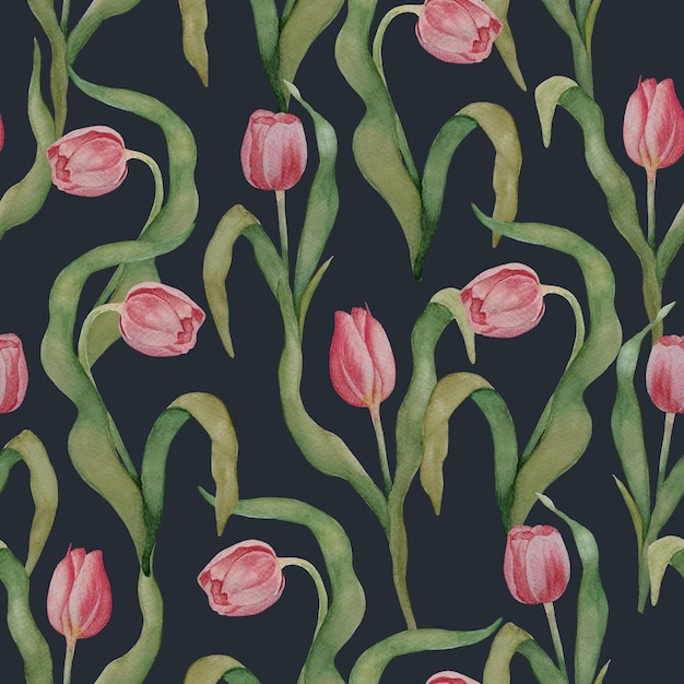 PSD acuarela rosa tulipanes rojos sobre fondo oscuro de patrones sin fisuras