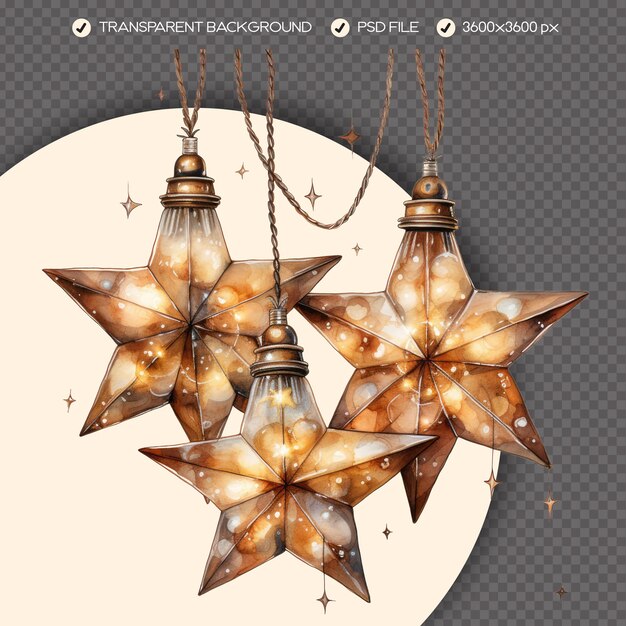 PSD acuarela vintage estrella de navidad clipart de luces para la decoración navideña fondo transparente png