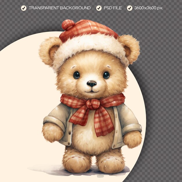 PSD acuarela vintage navidad cute taddy clipart para la decoración navideña fondo transparente png