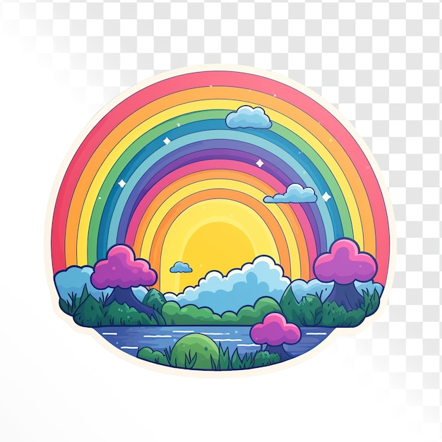 PSD adesivo de floresta e arco-íris em fundo branco