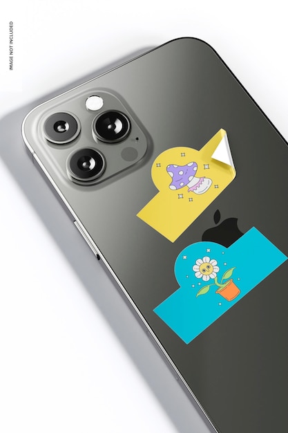 Adesivos brilhantes em maquete de smartphone, perspectiva