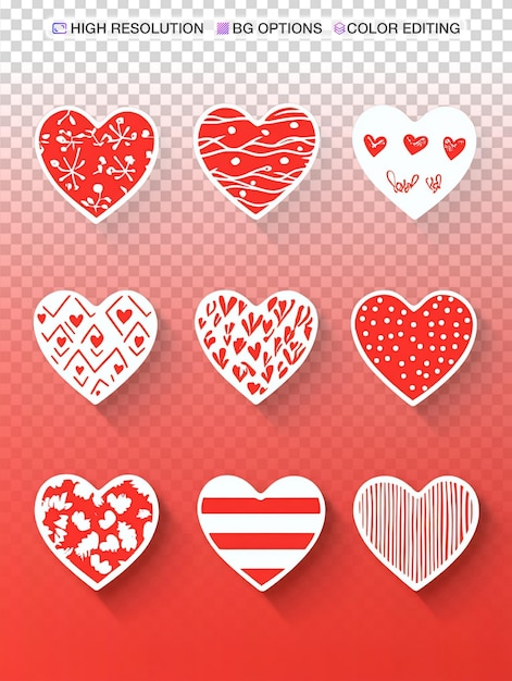 adesivos coloridos em forma de coração em ilustração vetorial de fundo vermelho vibrante