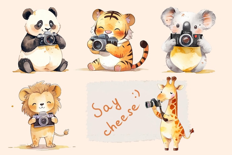 PSD adesivos de aquarela com a imagem de animais com câmeras panda tigre koala leão girafa