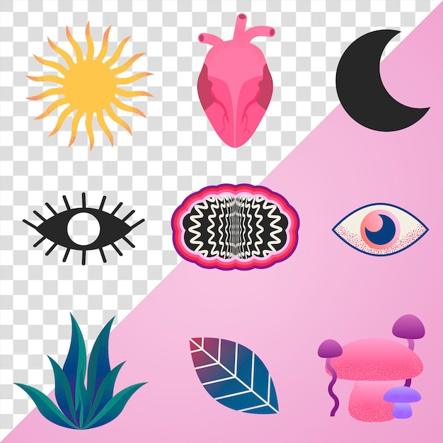 adesivos png de forma surrealista elementos de colagem psicodélica em fundo transparente
