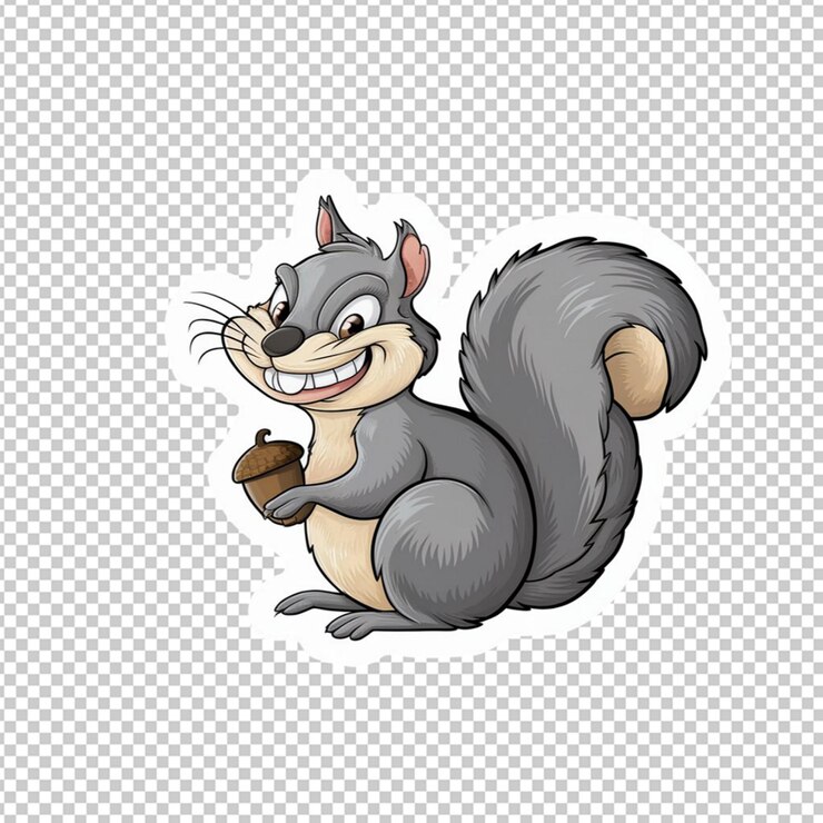 PSD adhesiva al estilo de dibujos animados de una ardilla gris aislada sobre un fondo transparente