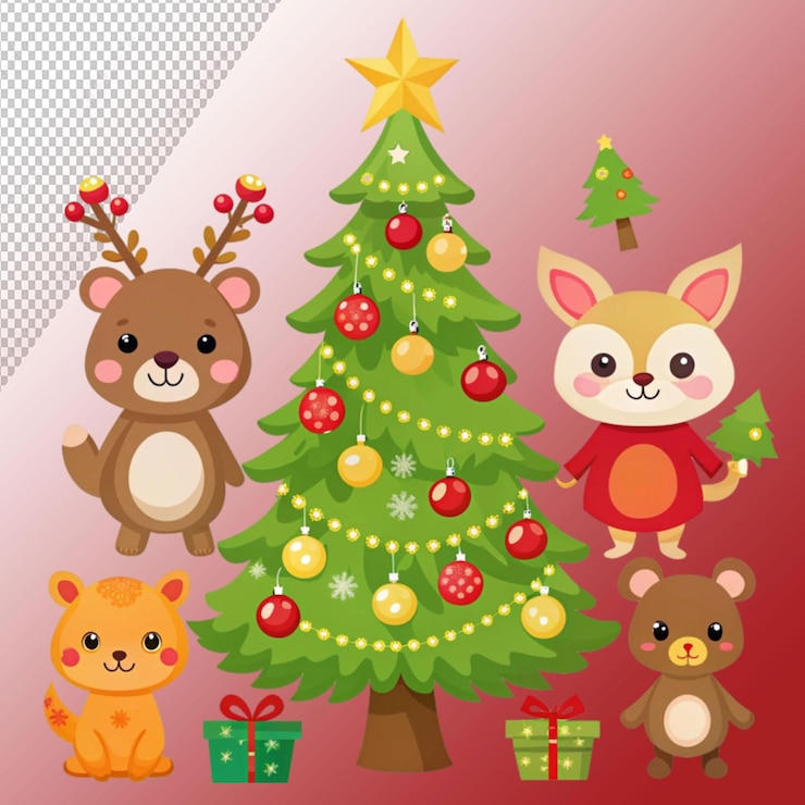 PSD adhesivo de garabateo navideño árbol y animal bonitos aislados en un fondo transparente