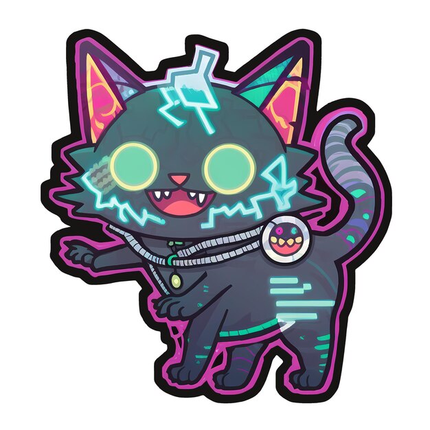 PSD adhesivo de gato cyberpunk archivo png