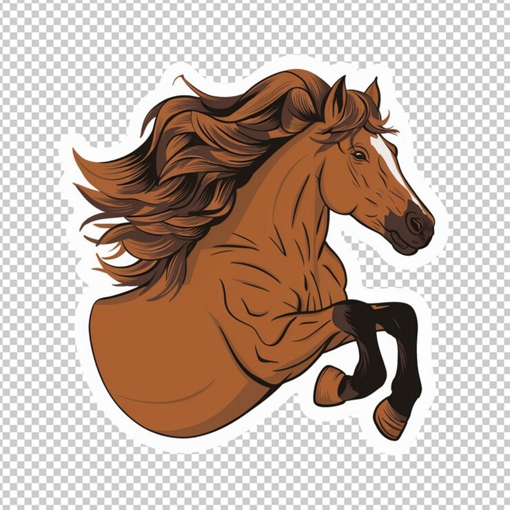 PSD adhesivo ilustrado de un caballo con una melena fluida aislada en un fondo transparente