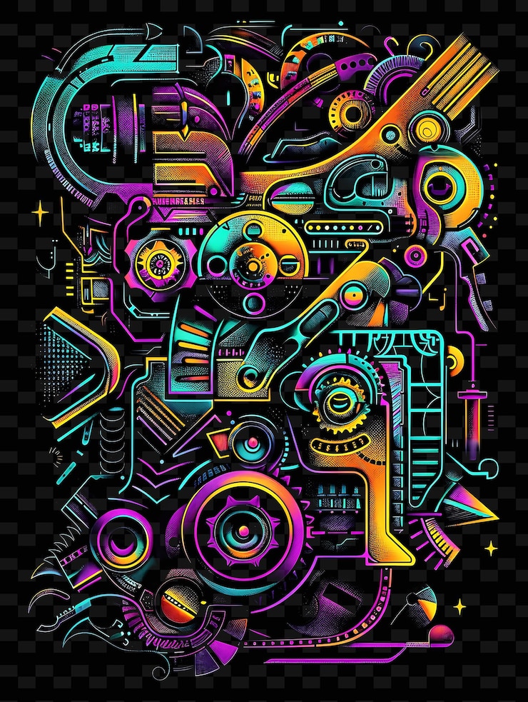 PSD adhesivo industrial png con ilustraciones de máquinas y con i creative neon y2k shape decorativer