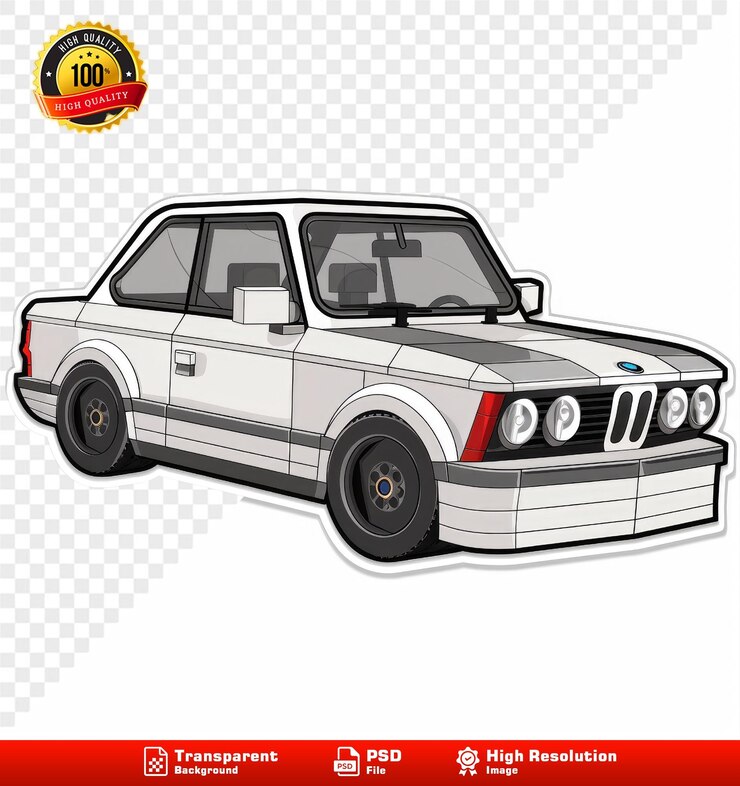 PSD adhesivo lego de bmw estilo de dibujos animados en fondo blanco