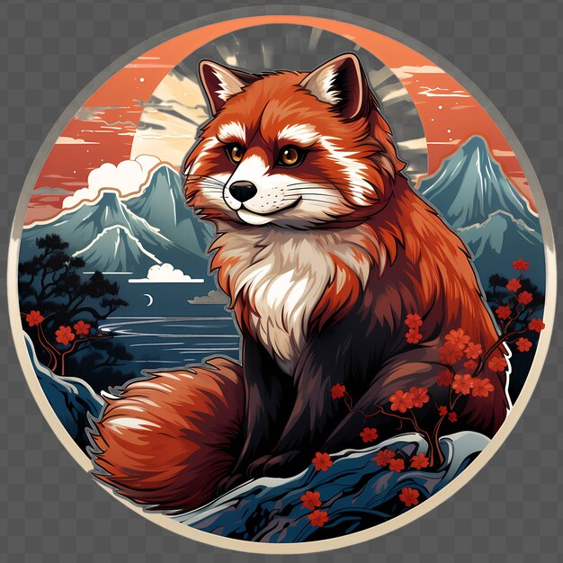 PSD adhesivo de panda rojo estilo hokusai arte limpio color clor de agua estilo aislado diseño transparente psd