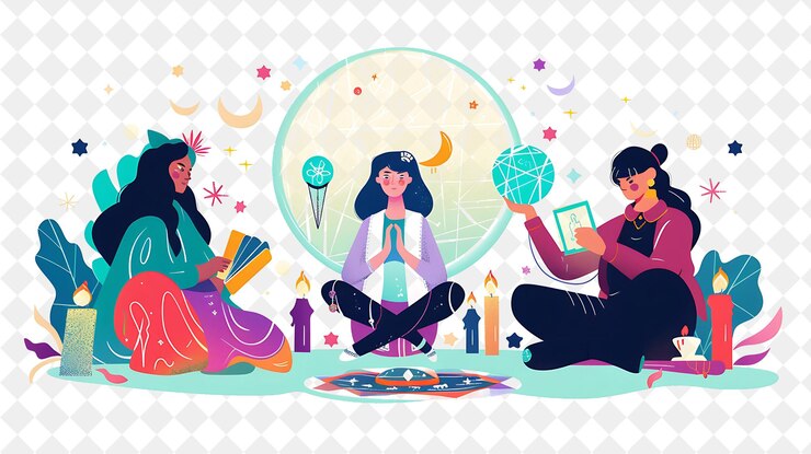 PSD adivino místico con personajes leyendo cartas de tarot png gente en el trabajo diario ilustración