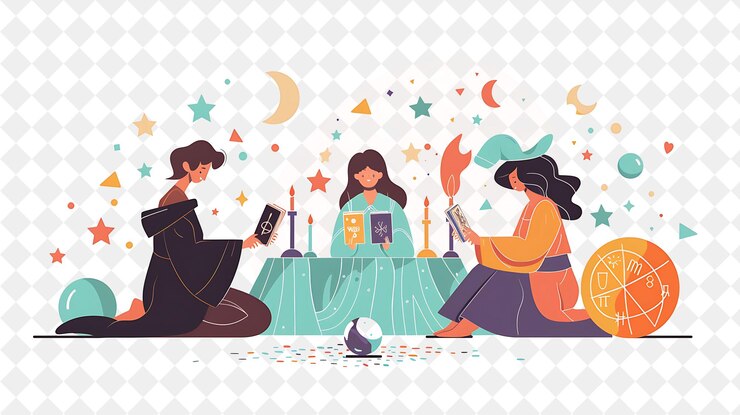 PSD adivino místico con personajes leyendo cartas de tarot png gente en el trabajo diario ilustración