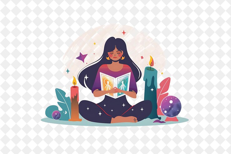 PSD adivino místico con personajes leyendo cartas de tarot png gente en el trabajo diario ilustración