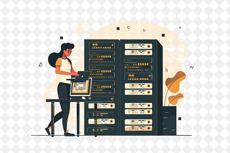 PSD administrador de base de datos minimalista con caracteres administrando una gente png en la ilustración de trabajo diario