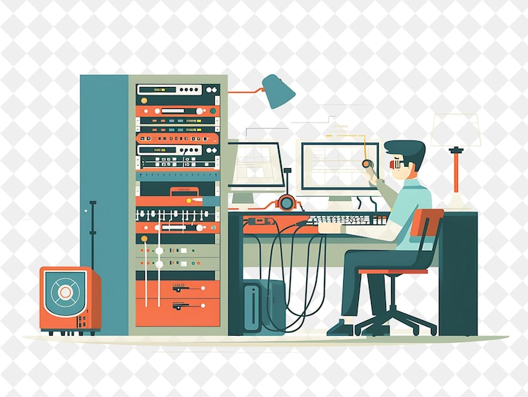 PSD administrador de red retro con caracteres gestión y mai png gente en ilustración de trabajo diario