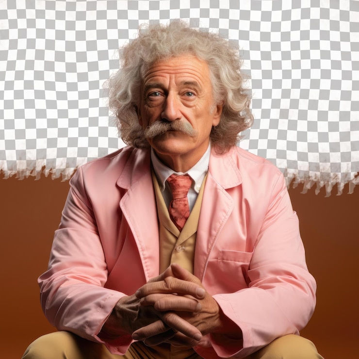 PSD un admirador hombre de mediana edad con cabello rizado de la etnia urálica vestido con atuendo de dietista posa en un arco trasero con las manos en los muslos sobre un fondo de color salmón pastel
