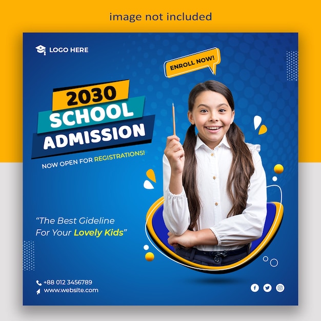 Admisión escolar para niños, publicación en redes sociales, folleto de banner web y plantilla de diseño de foto de portada de Facebook