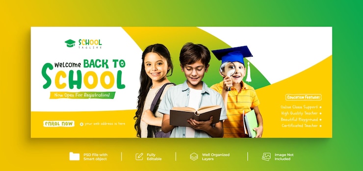 PSD admisión a la escuela portada de facebook y banner web de educación de vuelta a la escuela plantilla de portada de las redes sociales