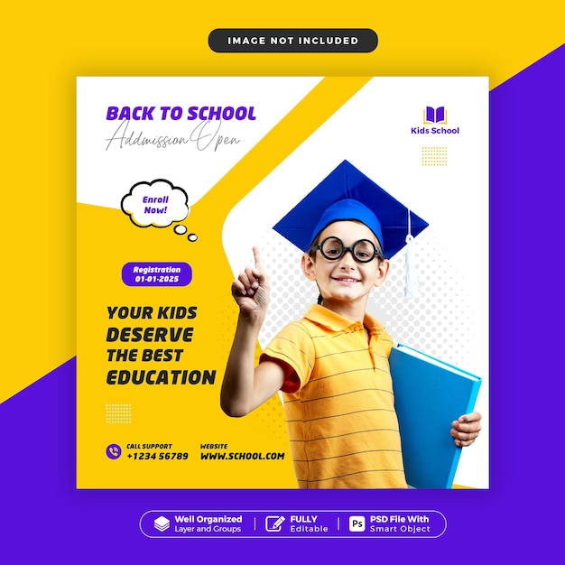 PSD admisión de regreso a la escuela adecuada para publicación en redes sociales de diseño de banner cuadrado educativo en línea