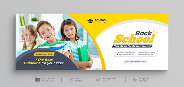 Admissão à escola capa do Facebook e banner da web da educação de volta à escola modelo de capa de mídia social