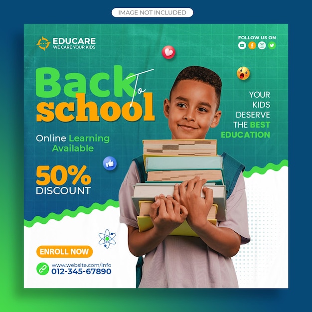 Admissão na escola postagem de mídia social e modelo de postagem no Instagram