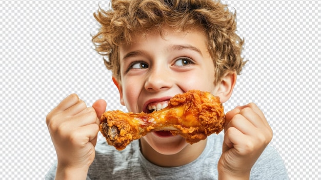 Un adolescent apprécie un délicieux bâton de poulet frit pour la publicité alimentaire ou la promotion d'un restaurant