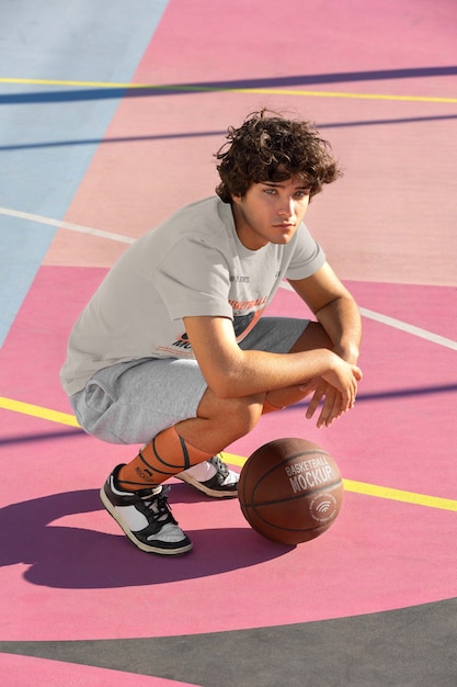 PSD adolescent avec basket-ball à l'extérieur sur le terrain