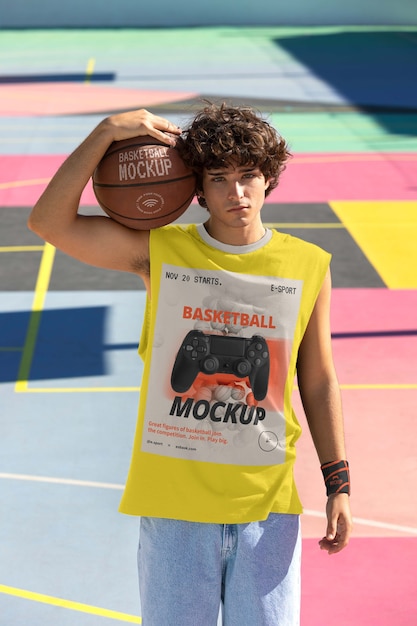 PSD adolescent avec basket-ball à l'extérieur sur le terrain