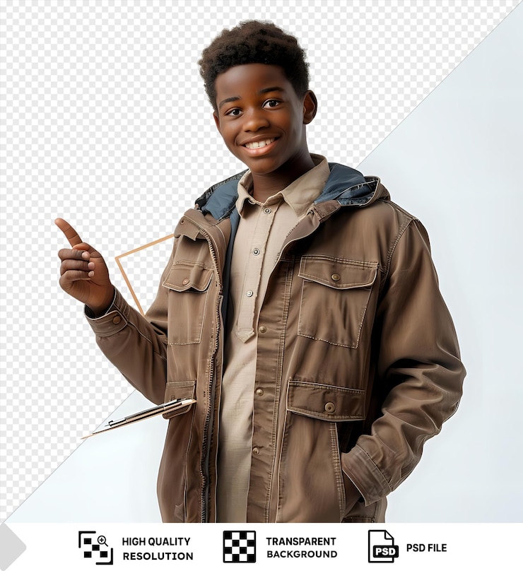 PSD un adolescent souriant en veste brune pointant avec un bloc-notes sur un fond transparent