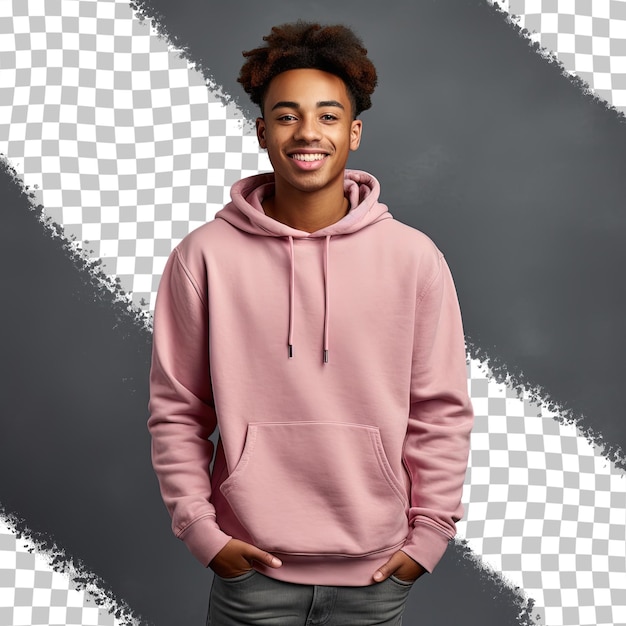 PSD adolescente afro-américaine souriante dans un sweat à capuche rose posant pour un portrait vertical