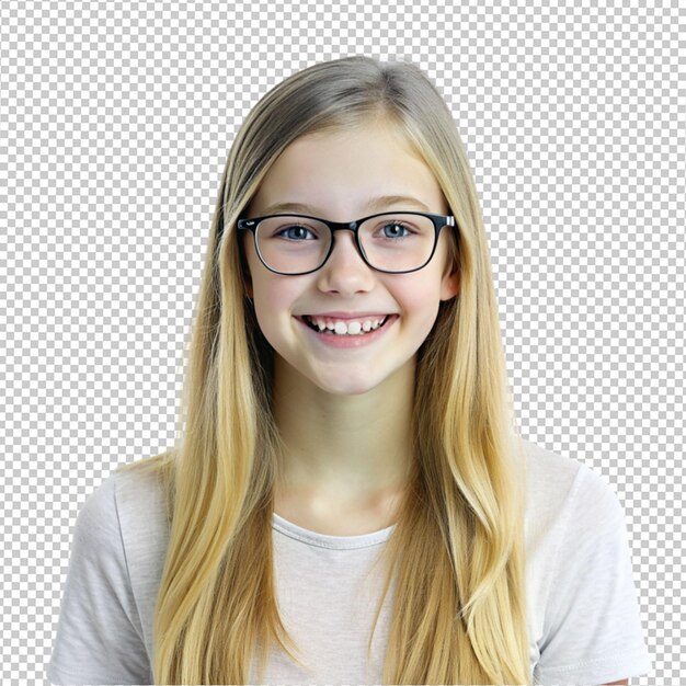 PSD une adolescente blonde heureuse portant des lunettes sur un fond transparent