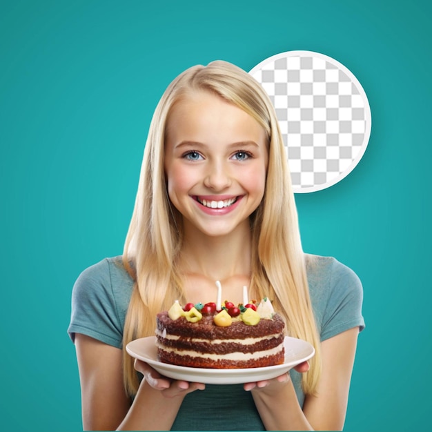PSD adolescente caucasiana segurando bolo de aniversário sobre um fundo isolado com expressão facial chocada