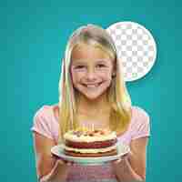 PSD une adolescente caucasienne tenant un gâteau d'anniversaire sur un fond isolé avec une expression faciale choquée