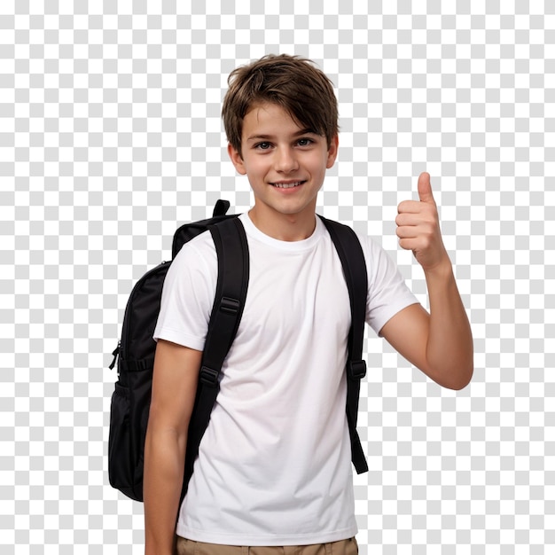 Adolescente com mochila mostrando polegares isolados em fundo transparente