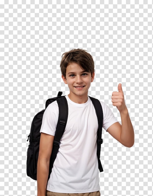 Adolescente com mochila mostrando polegares isolados em fundo transparente