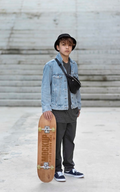 Adolescente com skate mock-up ao ar livre