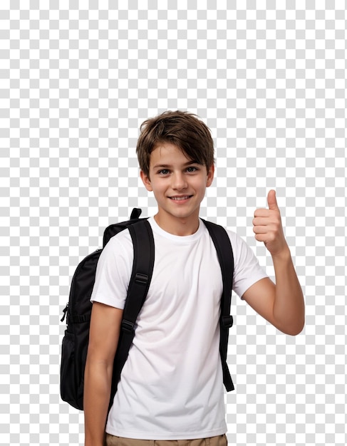 Adolescente con lo zaino che mostra i pollici in su isolato su sfondo trasparente