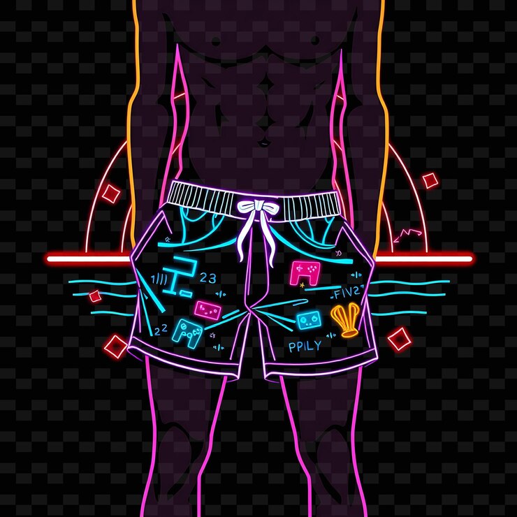 PSD adolescente delgado en pantalones cortos de baño diseño de arte de píxeles de neón con temas de colores de 8 bits decorados con píxeles y