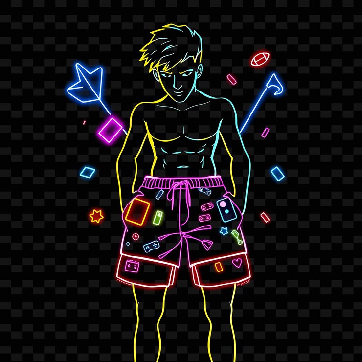 PSD adolescente delgado en pantalones cortos de baño diseño de arte de píxeles de neón con temas de colores de 8 bits decorados con píxeles y