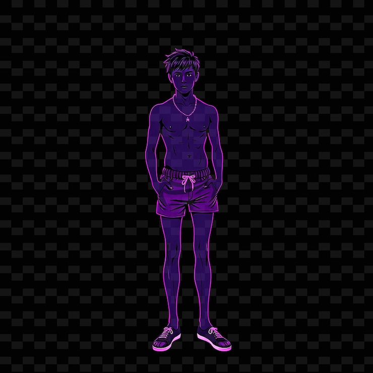 PSD adolescente delgado en pantalones cortos de baño neon vaporwave diseño artístico con neon púrpuras y rosas tema decorado w